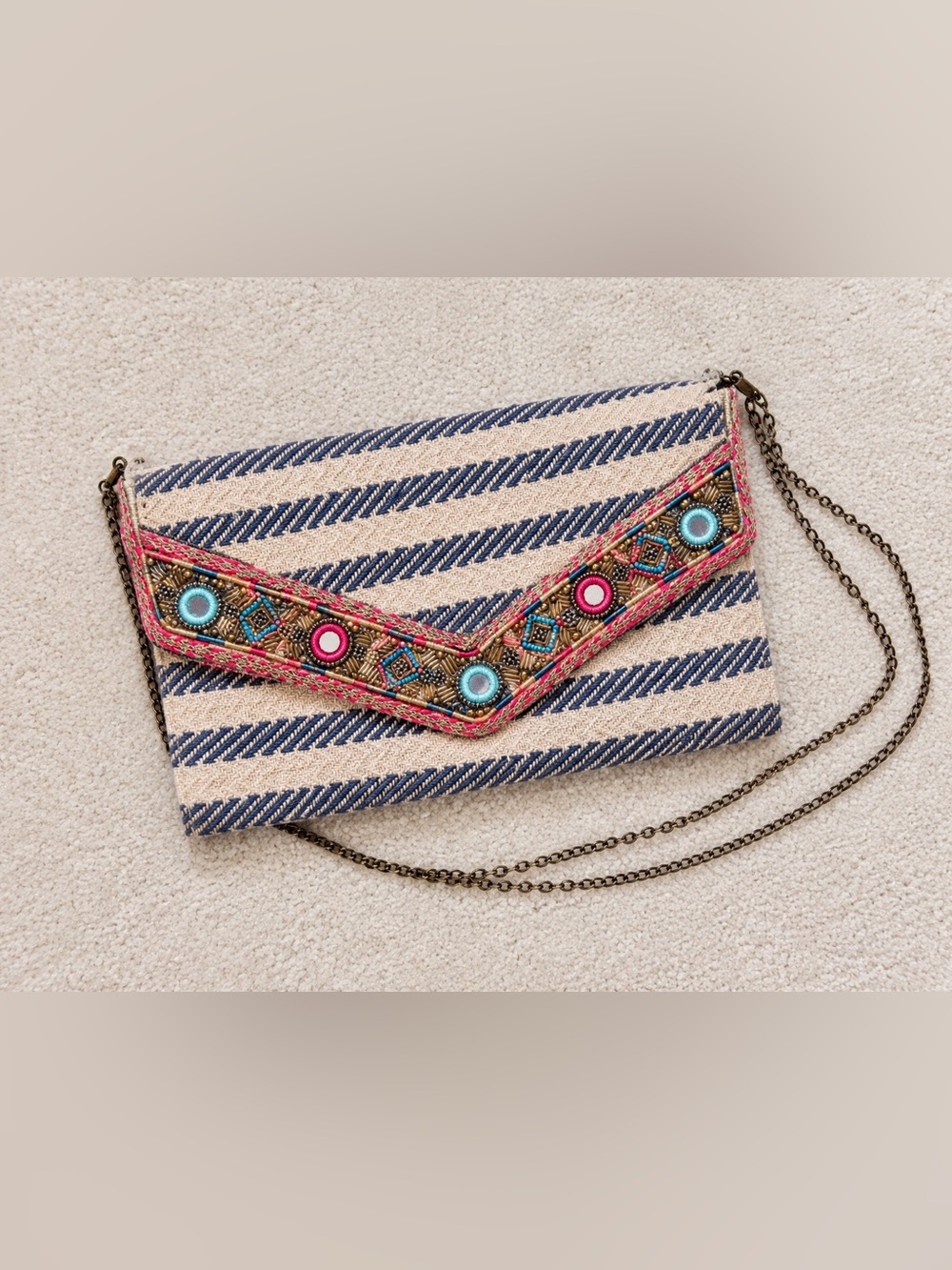 Embroidered Stripe Envelope Clutch - Blue & Pink